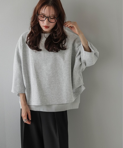 La-gemme(ラジェム)の「ドルマンスリーブトップス/レザー調タグ/快適ポンチ素材(Tシャツ/カットソー・レディース・ブラック/ベージュ/カーキ/杢グレー・フリー)」の12枚目の写真