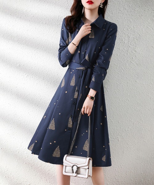 ONEP STAR（ワンピスター）の「ツリー総柄ウエストリボンシャツワンピース（ワンピース・レディース・ネイビー・MEDIUM/X-LARGE/LARGE）」の2枚目の写真
