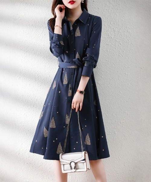 ONEP STAR（ワンピスター）の「ツリー総柄ウエストリボンシャツワンピース（ワンピース・レディース・ネイビー・MEDIUM/X-LARGE/LARGE）」の4枚目の写真