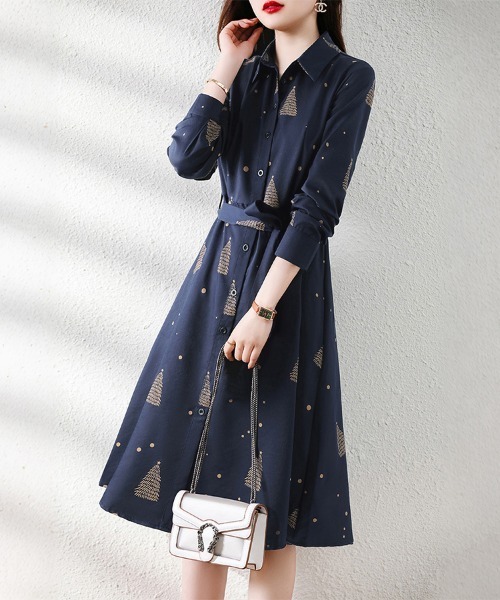 ONEP STAR（ワンピスター）の「ツリー総柄ウエストリボンシャツワンピース（ワンピース・レディース・ネイビー・MEDIUM/X-LARGE/LARGE）」の5枚目の写真