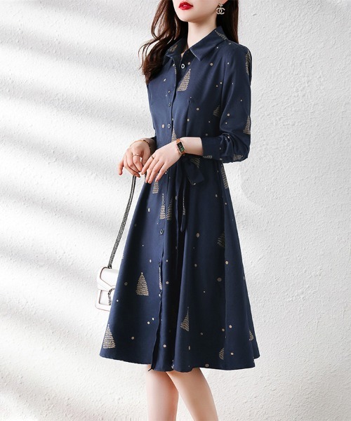 ONEP STAR（ワンピスター）の「ツリー総柄ウエストリボンシャツワンピース（ワンピース・レディース・ネイビー・MEDIUM/X-LARGE/LARGE）」の6枚目の写真