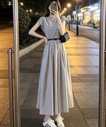 [韓国トレンド] ベルト付きドッキングフレアロングワンピース