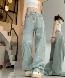 きらめくパールを散りばめたトレンドデニム!ゆるっとストレートシルエットでこなれ感たっぷりのデニムパンツ