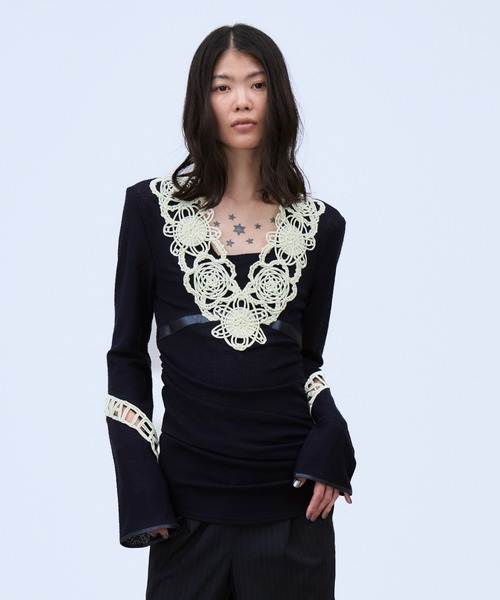 THINGS THAT MATTER（シングス ザット マター）の「MICROCOSMOS LACE SHEER TOPS / マイクロコスモス レース シアー トップス（シャツ/ブラウス・レディース・ネイビー/ブラック・FREE）」の2枚目の写真