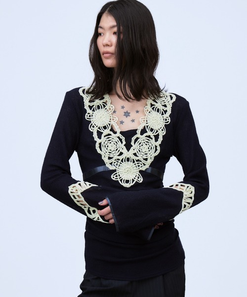 THINGS THAT MATTER（シングス ザット マター）の「MICROCOSMOS LACE SHEER TOPS / マイクロコスモス レース シアー トップス（シャツ/ブラウス・レディース・ネイビー/ブラック・FREE）」の7枚目の写真