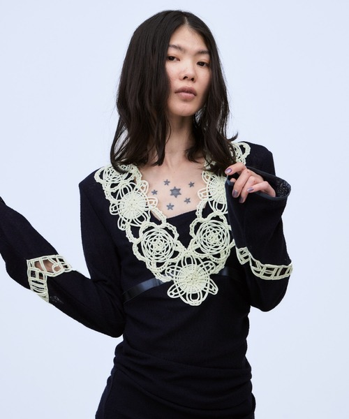 THINGS THAT MATTER（シングス ザット マター）の「MICROCOSMOS LACE SHEER TOPS / マイクロコスモス レース シアー トップス（シャツ/ブラウス・レディース・ネイビー/ブラック・FREE）」の9枚目の写真