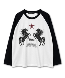 ヴィンテージ ホース グラフィック ラグラン Tシャツ_ホワイト