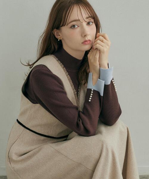 couture brooch(クチュールブローチ)の「【配色デザインがこなれ見え】袖口スリット パール調リブニット【吸湿発熱・静電気防止・抗菌防臭・洗濯機可】(ニット/セーター・レディース・ネイビー/ブラウン系その他/ブラック・38/42/40/36)」の18枚目の写真