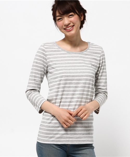REAL CUBE(リアルキューブ)の「【UV99%CUT】 極上素材コットンモダール七分袖カットソー(Tシャツ/カットソー・レディース・ブラウン/ベージュ系その他/杢グレー/ホワイト×ネイビー/ダークブルー/ネイビー/ブルー系その他/ブラック/オフホワイト/ホワイト×グレー/ブラック系その他/モカ/ライトベージュ/グレイッシュベージュ・40/42/38)」の19枚目の写真