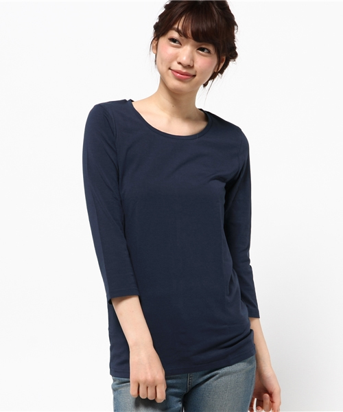 REAL CUBE(リアルキューブ)の「【UV99%CUT】 極上素材コットンモダール七分袖カットソー(Tシャツ/カットソー・レディース・ブラウン/ベージュ系その他/杢グレー/ホワイト×ネイビー/ダークブルー/ネイビー/ブルー系その他/ブラック/オフホワイト/ホワイト×グレー/ブラック系その他/モカ/ライトベージュ/グレイッシュベージュ・40/42/38)」の13枚目の写真