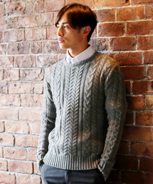 【ケーブル / フィッシャーマン】ウールミックスクルーネックニット