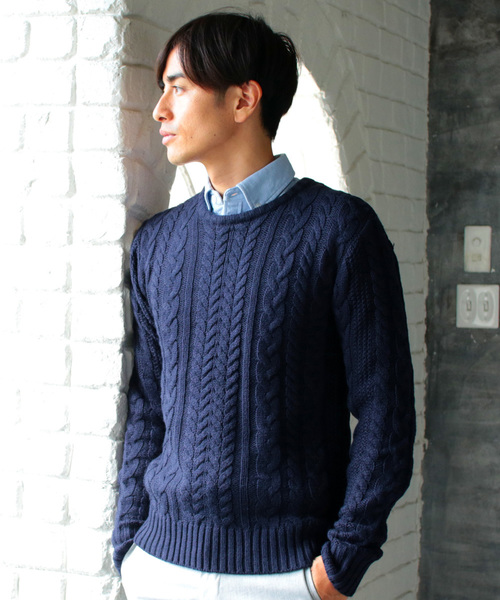 THE CASUAL（カジュアル）の「【ケーブル / フィッシャーマン】ウールミックスクルーネックニット（ニット/セーター・メンズ・オフホワイト/ブラック系その他/ワイン/ネイビー/ホワイト×ネイビー/チャコール/杢グレー/ホワイト/ブラック/チャコールグレー×ブラック・XL/L/S/M）」の9枚目の写真