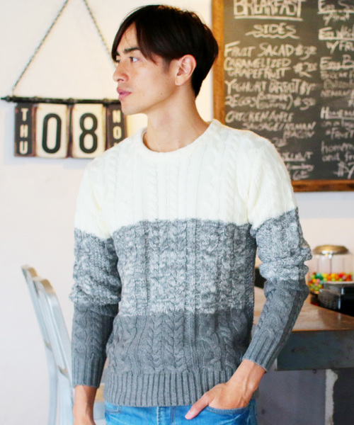 THE CASUAL（カジュアル）の「【ケーブル / フィッシャーマン】ウールミックスクルーネックニット（ニット/セーター・メンズ・オフホワイト/ブラック系その他/ワイン/ネイビー/ホワイト×ネイビー/チャコール/杢グレー/ホワイト/ブラック/チャコールグレー×ブラック・XL/L/S/M）」の2枚目の写真
