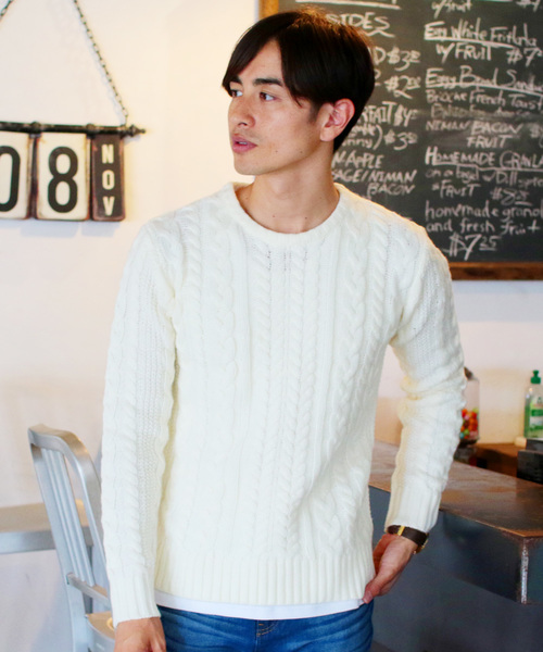 THE CASUAL（カジュアル）の「【ケーブル / フィッシャーマン】ウールミックスクルーネックニット（ニット/セーター・メンズ・オフホワイト/ブラック系その他/ワイン/ネイビー/ホワイト×ネイビー/チャコール/杢グレー/ホワイト/ブラック/チャコールグレー×ブラック・XL/L/S/M）」の3枚目の写真