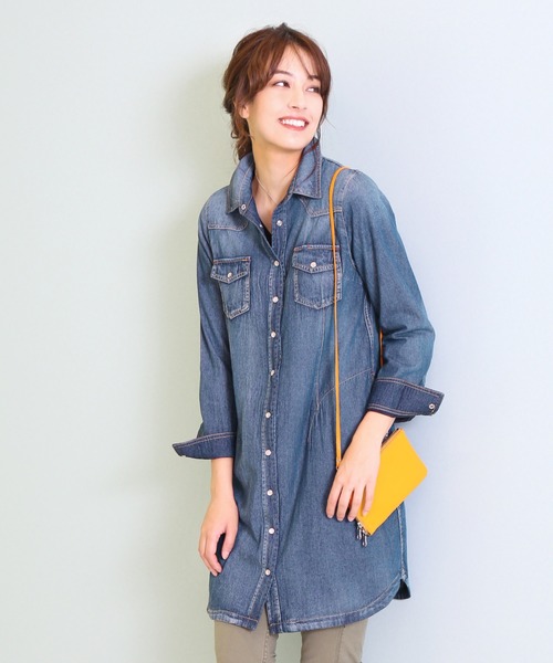 sankyo shokai(サンキョウショウカイ)の「あったかダウンデニムシャツロング(シャツ/ブラウス・レディース・ライトインディゴブルー/ダークインディゴブルー・M/L)」の2枚目の写真