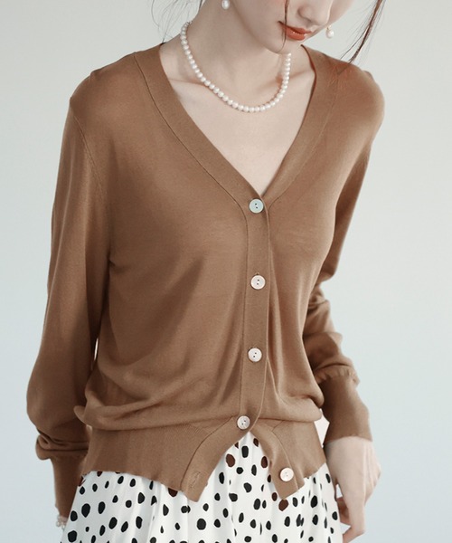 レオナール　サマーニット　カーディガン　ゴルフウェア　Vネック　マスタード aquagarage（アクアガレージ） カーディガン サマーニットVネック