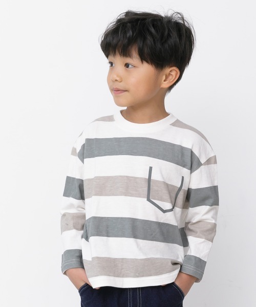 MAKE YOUR DAY(メイクユアデイ)の「ボーダープリント長袖Tシャツ■80~140cm(Tシャツ/カットソー・キッズ・ブラウン/グレー/ブルー・90/100/110/120/130/140/80)」の2枚目の写真