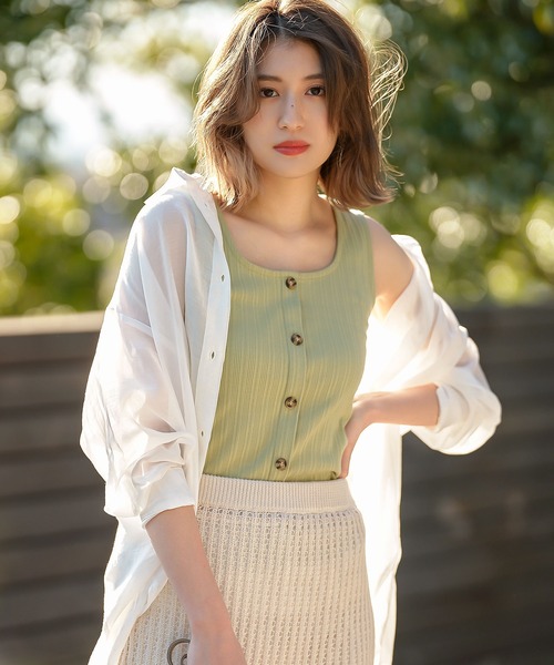 KOBE LETTUCE（コウベレタス）の「前後2wayボタンリブタンクトップ（タンクトップ・レディース・ブラック/ライトグリーン/アイボリー/ラベンダー/グレイッシュベージュ・FREE）」の5枚目の写真