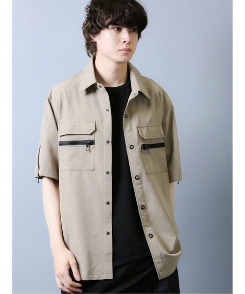 SHELLAC（シェラック）の「シェラック/SHELLAC　ZIP半袖シャツアウター（シャツ/ブラウス・メンズ・ベージュ/ブラック・MEDIUM/LARGE）」の2枚目の写真