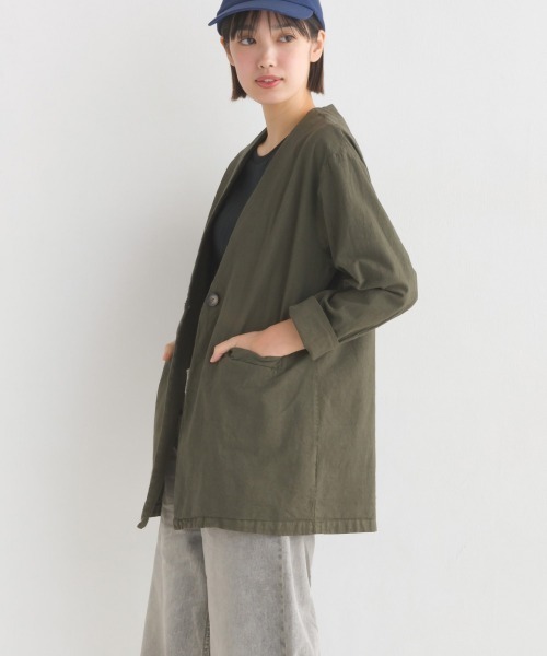 OMNES Another Edition（オムネス アナザーエディション）の「製品染め コットンノーカラージャケット（ノーカラージャケット・レディース・ブラック/ベージュ/カーキ/ミント/モカ・FREE）」の5枚目の写真