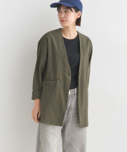 OMNES Another Edition（オムネス アナザーエディション）の「製品染め コットンノーカラージャケット（ノーカラージャケット・レディース・ブラック/ベージュ/カーキ/ミント/モカ・FREE）」の21枚目の写真