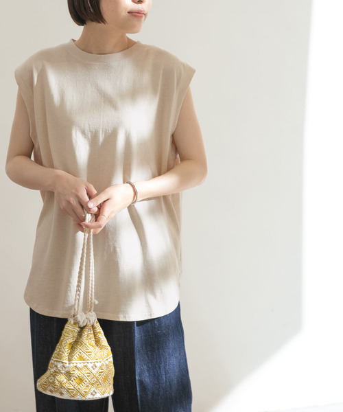 FORK&SPOON（フォークアンドスプーン）の「FORK&SPOON　コットンリネンノースリーブTシャツ（Tシャツ/カットソー・レディース・チャコールグレー/ホワイト系その他/ブルー系その他・ONE）」の2枚目の写真