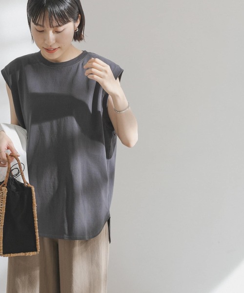 FORK&SPOON（フォークアンドスプーン）の「FORK&SPOON　コットンリネンノースリーブTシャツ（Tシャツ/カットソー・レディース・チャコールグレー/ホワイト系その他/ブルー系その他・ONE）」の3枚目の写真