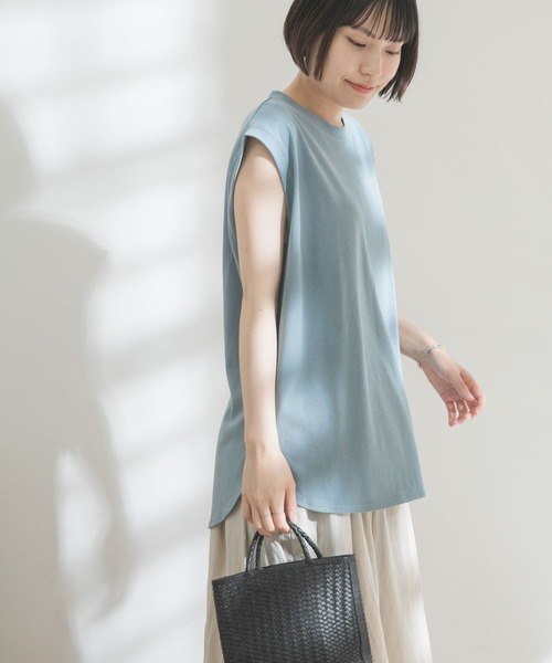 FORK&SPOON（フォークアンドスプーン）の「FORK&SPOON　コットンリネンノースリーブTシャツ（Tシャツ/カットソー・レディース・チャコールグレー/ホワイト系その他/ブルー系その他・ONE）」の5枚目の写真