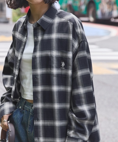 ユーエスポロアッスン オーバーサイズ 先染ブラック デニムジャケット 刺繍ロゴ ユーエスポロアッスン オーバーサイズ 先染ブラック デニム