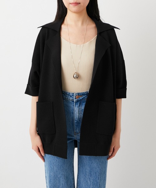 ADAM ET ROPE'（アダムエロペ）の「【セットアップ対応】メンアセリネンニットジャケット（テーラードジャケット・レディース・ブラック/ベージュ・FREE）」の5枚目の写真