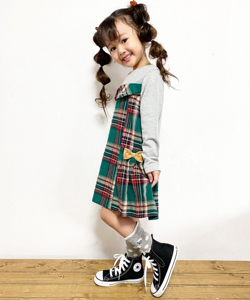 trois lapins kp（トロワラパンケーピー）の「先染めチェックドッキングワンピース(100-130cm)（ワンピース・キッズ・グリーン/レッド・110cm/120cm/100cm/130cm）」の4枚目の写真