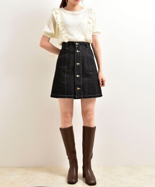 MAJESTIC LEGON（マジェスティックレゴン）の「レースフリルスカシ柄ニット（ニット/セーター・レディース・ブラック/グリーン/アイボリー・MEDIUM）」の9枚目の写真