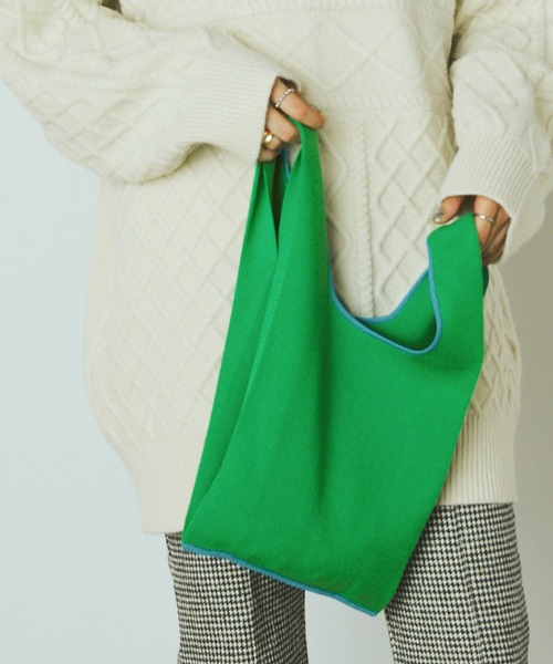 forksy.（フォルクシー）の「【forksy.】アソートニットマルシェバッグ チェッカー/カラー配色（トートバッグ・レディース・ライトブルー/ブラック/ピンク/ライム/グリーン/アイボリー/イエロー系その他/オレンジ・FREE）」の4枚目の写真