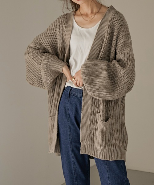 Fashion Letter（ファッションレター）の「ビッグシルエットボリュームスリーブニットカーディガン（カーディガン/ボレロ・レディース・モカ/ブラック・LL～3L/M～Ｌ/4L～5L）」の21枚目の写真