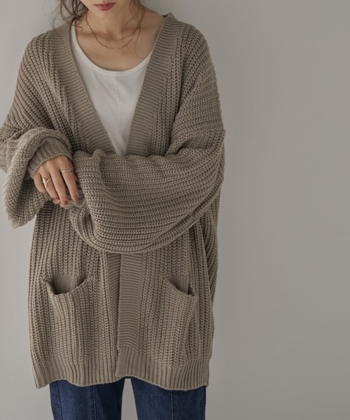 Fashion Letter（ファッションレター）の「ビッグシルエットボリュームスリーブニットカーディガン（カーディガン/ボレロ・レディース・モカ/ブラック・LL～3L/M～Ｌ/4L～5L）」の4枚目の写真