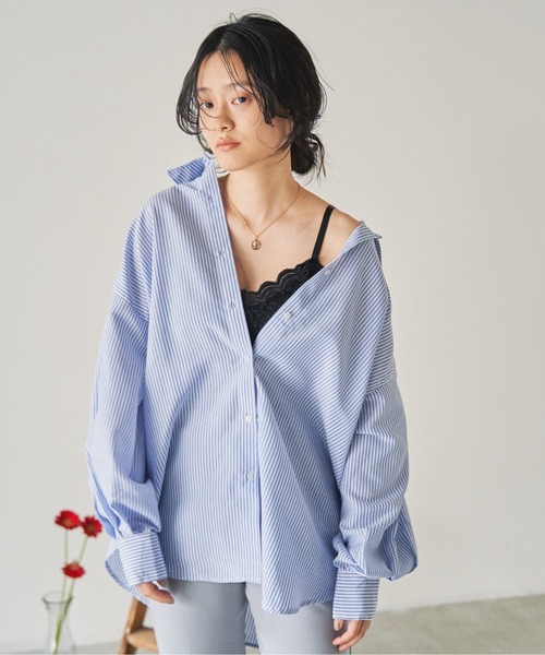 ANGIE(アンジー)の「レギュラーカラールーズシャツ 無地/ストライプ(シャツ/ブラウス・レディース・グリーン系その他/ブラック系その他/オフホワイト/ブルー系その他/ベージュ系その他・FREE)」の6枚目の写真