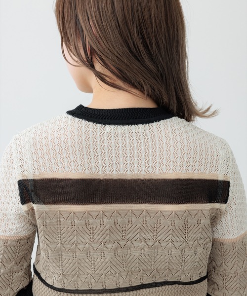 PUBLIC TOKYO（パブリックトウキョウ）の「【セットアップ対応】ブロッキングシアーニット（ニット/セーター・レディース・ネイビー/アイボリー・FREE）」の4枚目の写真