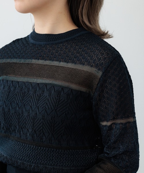 PUBLIC TOKYO（パブリックトウキョウ）の「【セットアップ対応】ブロッキングシアーニット（ニット/セーター・レディース・ネイビー/アイボリー・FREE）」の5枚目の写真