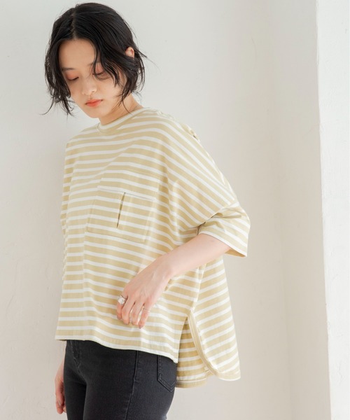 ANGIE(アンジー)の「オーバーサイズTシャツ 無地/ボーダー(Tシャツ/カットソー・レディース・ブラック/ベージュ/オフホワイト/サックスブルー/ライトパープル/ブラック系/ベージュ系/ネイビー系/ブルー系・FREE)」の6枚目の写真