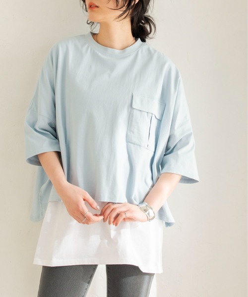 ANGIE(アンジー)の「オーバーサイズTシャツ 無地/ボーダー(Tシャツ/カットソー・レディース・ブラック/ベージュ/オフホワイト/サックスブルー/ライトパープル/ブラック系/ベージュ系/ネイビー系/ブルー系・FREE)」の7枚目の写真