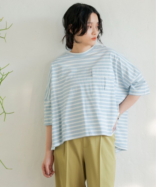 ANGIE(アンジー)の「オーバーサイズTシャツ 無地/ボーダー(Tシャツ/カットソー・レディース・ブラック/ベージュ/オフホワイト/サックスブルー/ライトパープル/ブラック系/ベージュ系/ネイビー系/ブルー系・FREE)」の14枚目の写真