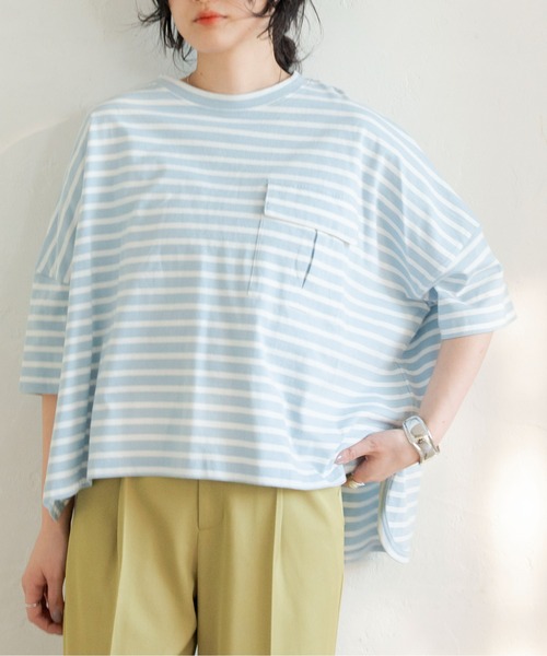 ANGIE(アンジー)の「オーバーサイズTシャツ 無地/ボーダー(Tシャツ/カットソー・レディース・ブラック/ベージュ/オフホワイト/サックスブルー/ライトパープル/ブラック系/ベージュ系/ネイビー系/ブルー系・FREE)」の18枚目の写真