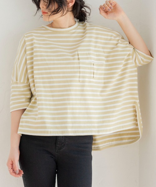 ANGIE(アンジー)の「オーバーサイズTシャツ 無地/ボーダー(Tシャツ/カットソー・レディース・ブラック/ベージュ/オフホワイト/サックスブルー/ライトパープル/ブラック系/ベージュ系/ネイビー系/ブルー系・FREE)」の16枚目の写真
