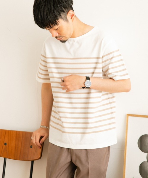 ITEMS URBANRESEARCH（アイテムズ アーバンリサーチ）の「パネルボーダーショートスリーブバスクシャツ（Tシャツ/カットソー・メンズ・ベージュ/ネイビー/ブラック・LARGE/MEDIUM）」の9枚目の写真