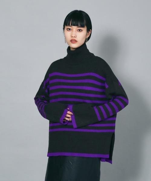 NOMINE(ノミネ)の「ワイドスリーブボーダーハイネックニットプルオーバー(ニット/セーター・レディース・チャコールグレー/ブラック/グリーン/アイボリー/ブルー/パープル・フリー)」の6枚目の写真