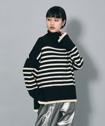 ワイドスリーブボーダーハイネックニットプルオーバー