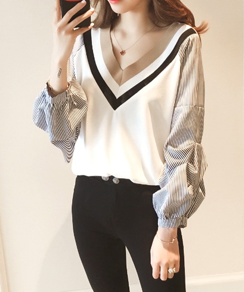 Amulet(アミュレット)の「Vネックドッキングブラウス(シャツ/ブラウス・レディース・ホワイト/ブラック・M/L/XL)」の2枚目の写真