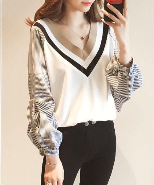 Amulet(アミュレット)の「Vネックドッキングブラウス(シャツ/ブラウス・レディース・ホワイト/ブラック・M/L/XL)」の5枚目の写真