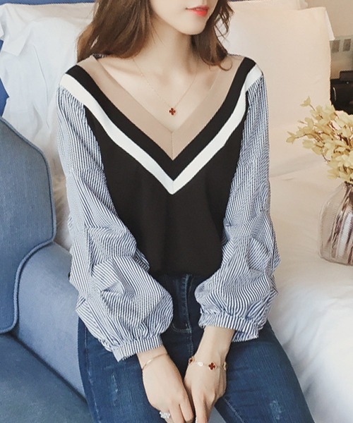 Amulet(アミュレット)の「Vネックドッキングブラウス(シャツ/ブラウス・レディース・ホワイト/ブラック・M/L/XL)」の7枚目の写真