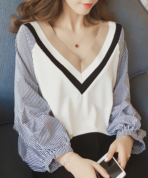 Amulet(アミュレット)の「Vネックドッキングブラウス(シャツ/ブラウス・レディース・ホワイト/ブラック・M/L/XL)」の8枚目の写真